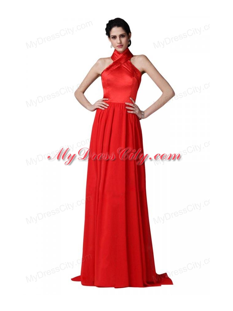 Empire Halter Top Ruching Red Chiffon Prom Dress