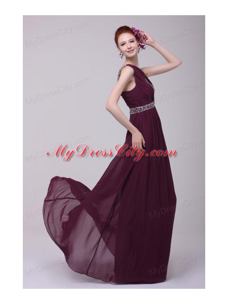 One Shoulder Empire Chiffon Beaded Decorate Full Length Prom Dress