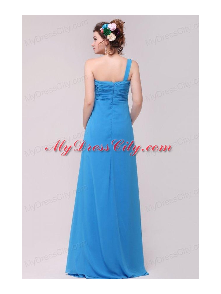 One Shoulder Empire Full Length Teal Prom Dress with Appliques