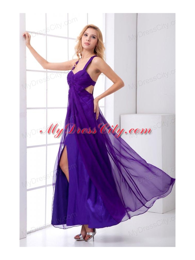 Purple Empire Straps Ruching Ankle-length Prom Dress with Criss Cross