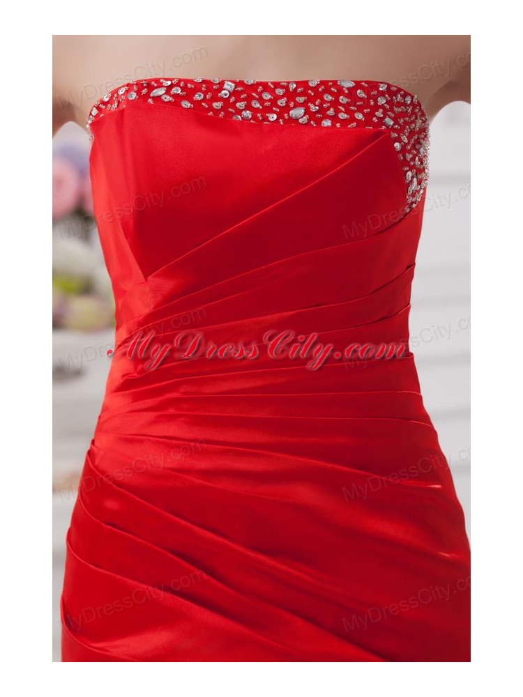 Red Column Strapless Prom Dress with Ruching and Beading