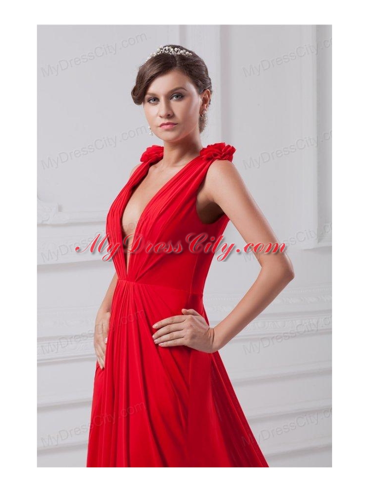 Red Empire V-neck Chiffon Floor-length Ruching Prom Dress