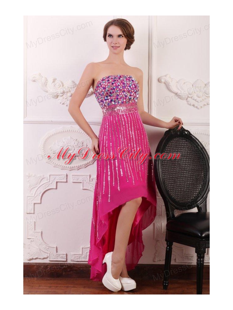 Rhinestone and Beading Strapless High-low Chiffon Hot Pink Prom Dress