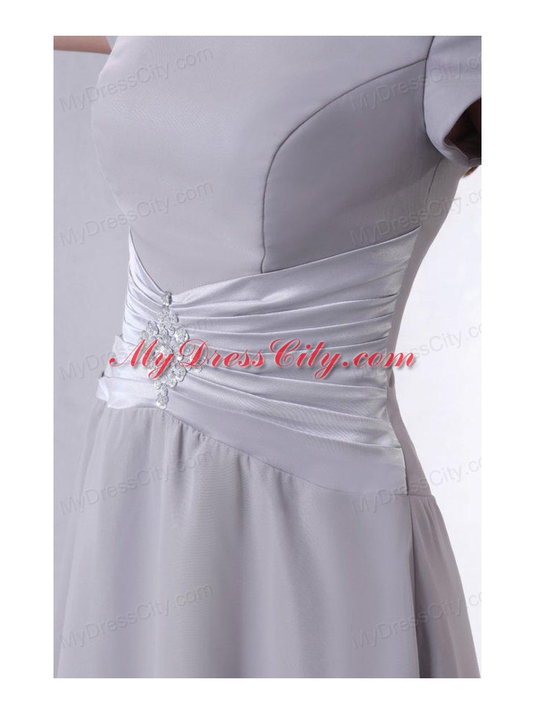 Ankle-length Grey Empire Scoop Prom Dress with Short Sleeves