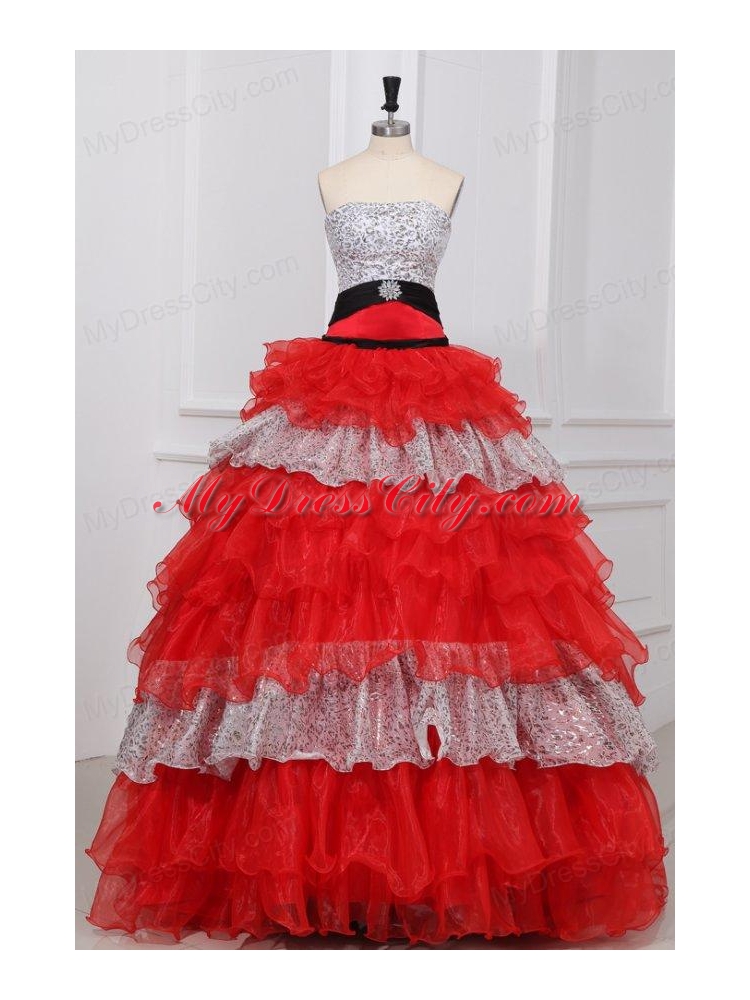 Red and White Strapless Beaded Decorate Organza Quinceanera Dress