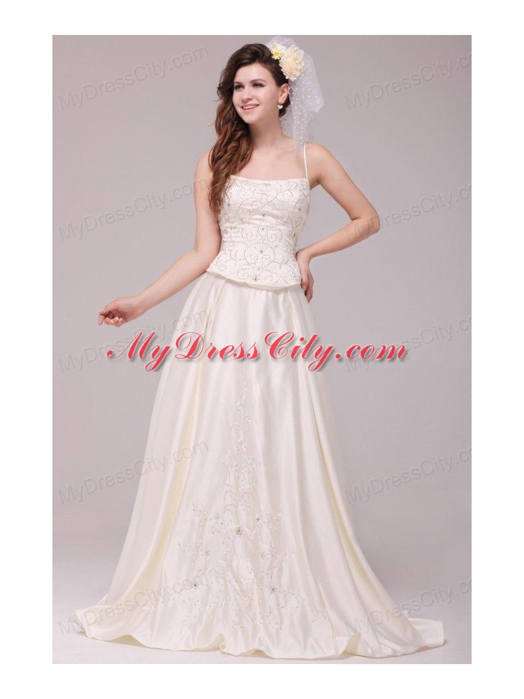 A-Line Straps Embroidery Taffeta Wedding Dress with Straps