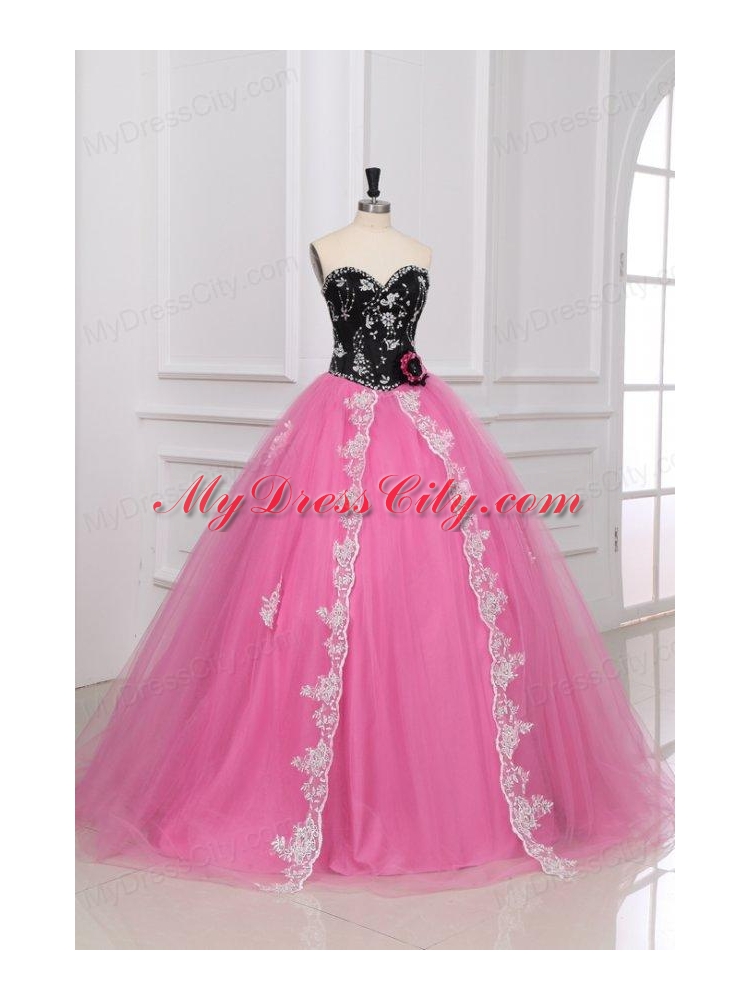 Beading and Appliques Sweetheart Tulle Quinceanera Dress in Black and Rose Pink