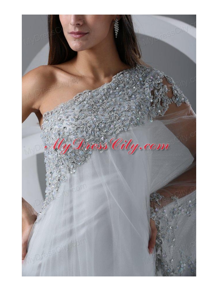 Beautiful A-line One Shoulder Chapel Train Wedding Dress with Side Zipper