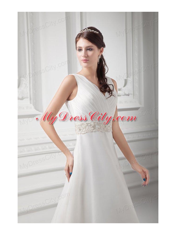 Elegant A-line V-neck Court Train Wedding Dress with Beading and Ruching