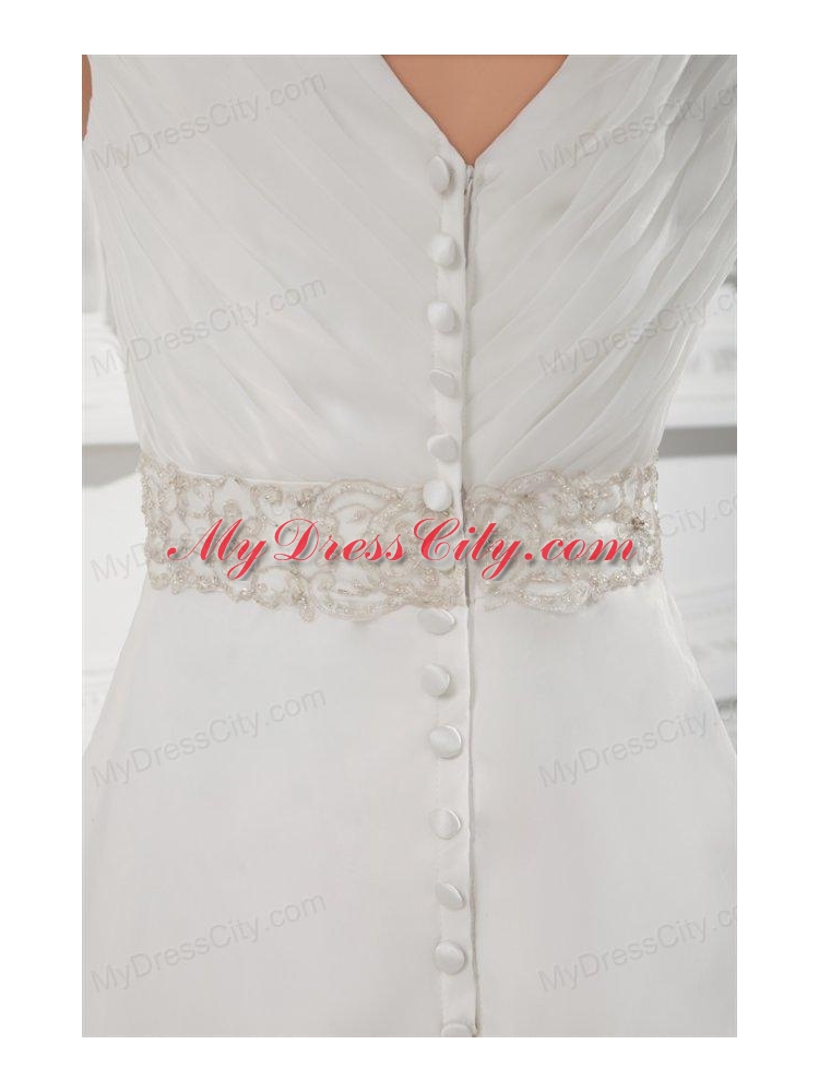 Elegant A-line V-neck Court Train Wedding Dress with Beading and Ruching