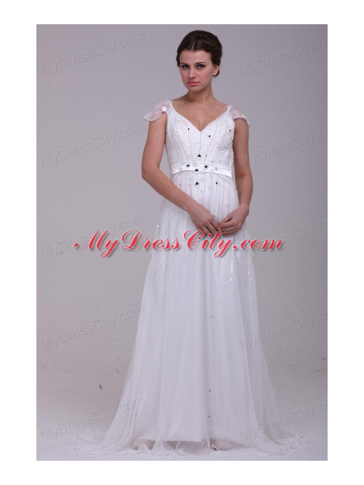 Empire V-Neck Floor-length Zipper Up Wedding Dress with Beading