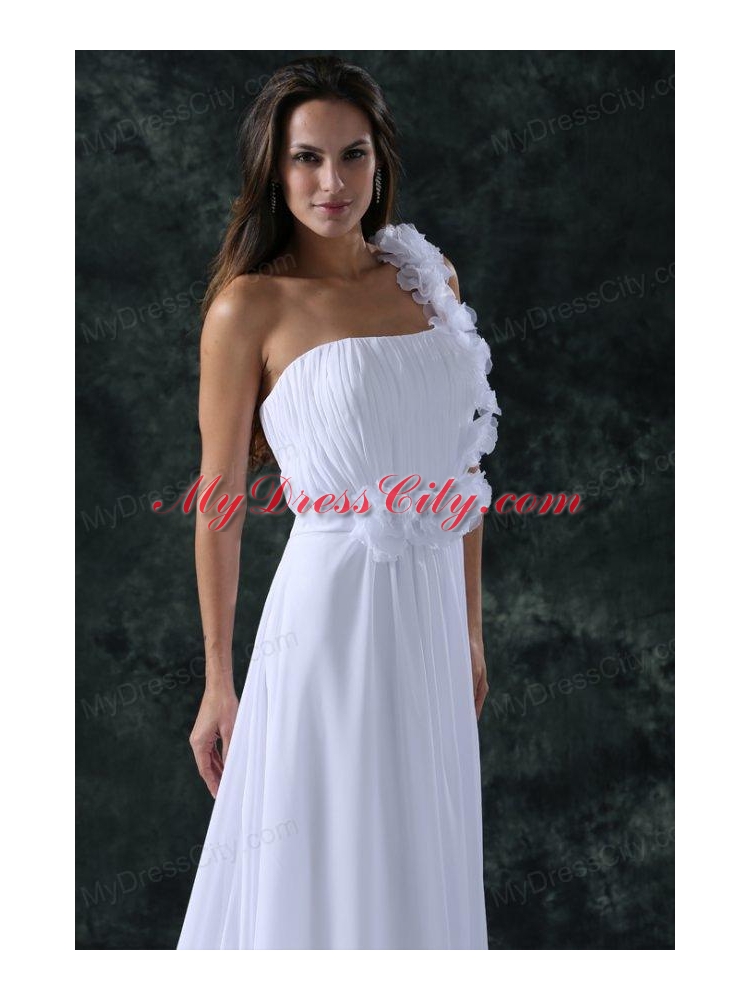 White Empire One Shoulder Ruching Brush Train Chiffon Wedding Dress