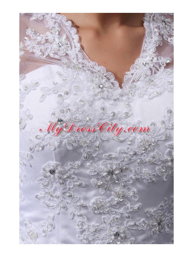 A-Line V-Neck Appliques 2014 Wedding Dress with Long Sleeves