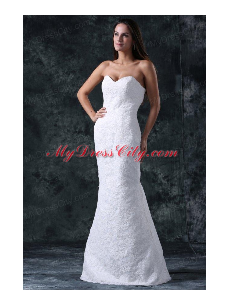 Column Sweetheart Floor-length Lace White Wedding Dress