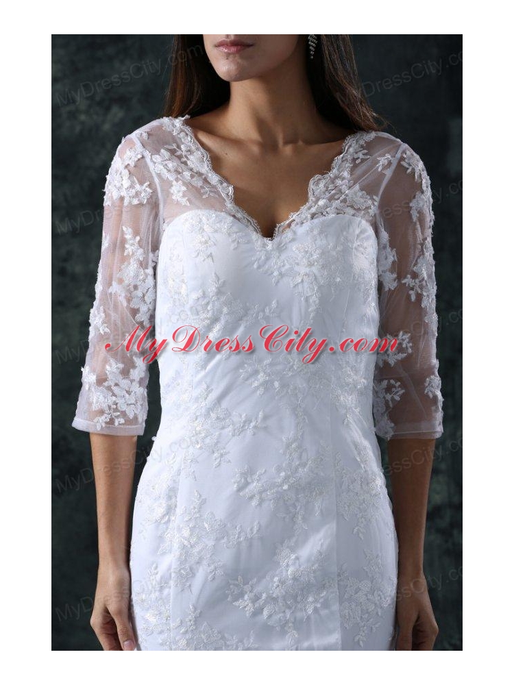 Column V-Neck Brush Train Appliques Lace Wedding Dress with Half Sleeves