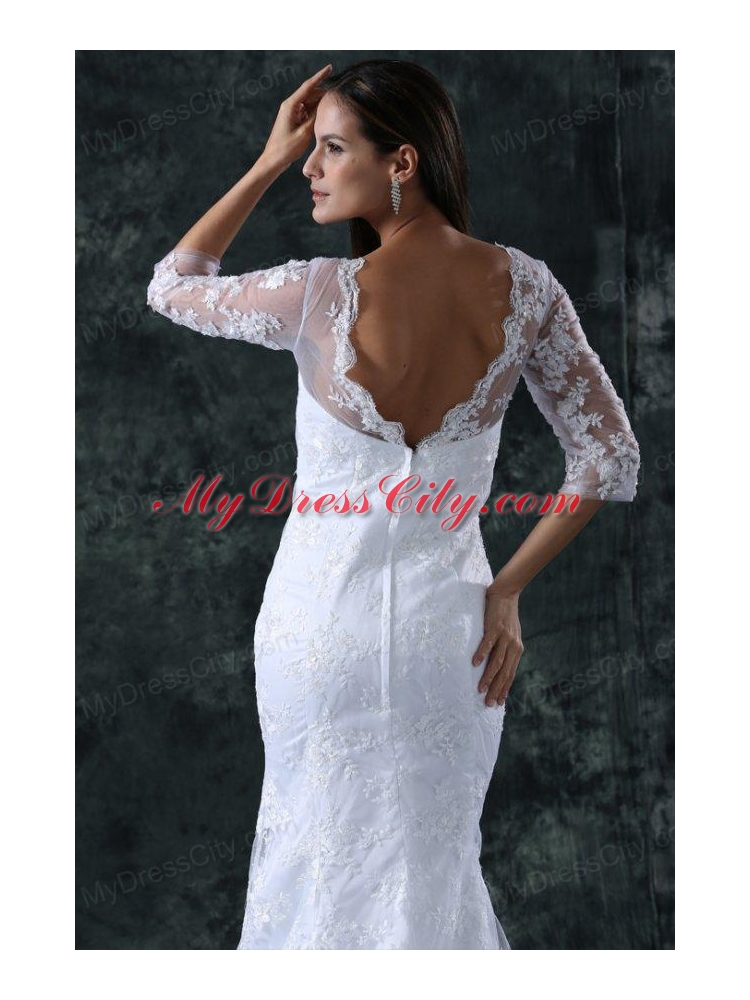 Column V-Neck Brush Train Appliques Lace Wedding Dress with Half Sleeves