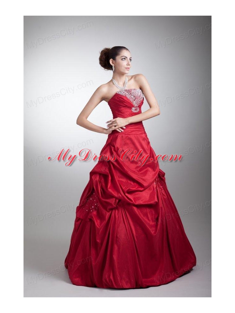 Wine Red A-line Strapless Taffeta Quinceanera Dress with Beading