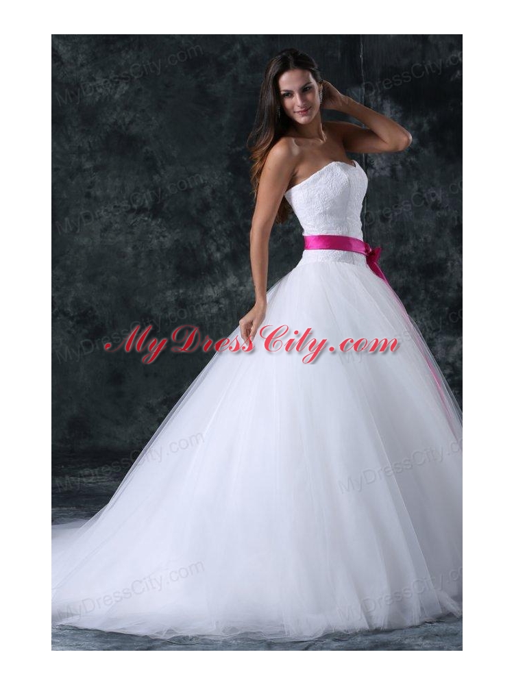 A-Line Beading and Sash Zipper Up Tulle Wedding Dress with Strapless