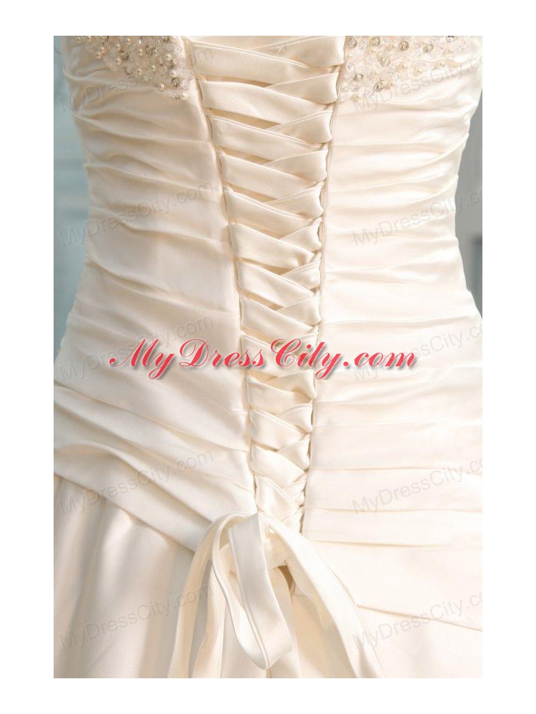A-Line Strapless Floor-length Beading Lace Up Wedding Dress in Champagne