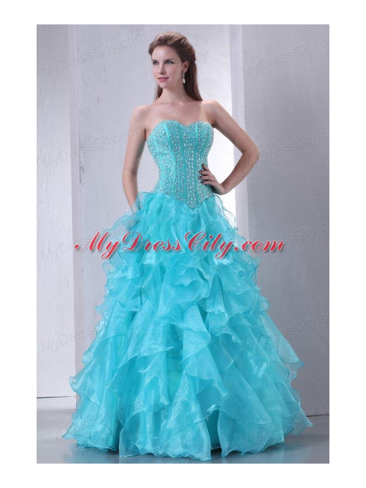 A-line Turquoise Sweetheart Beading and Ruffles Quinceanera Dress