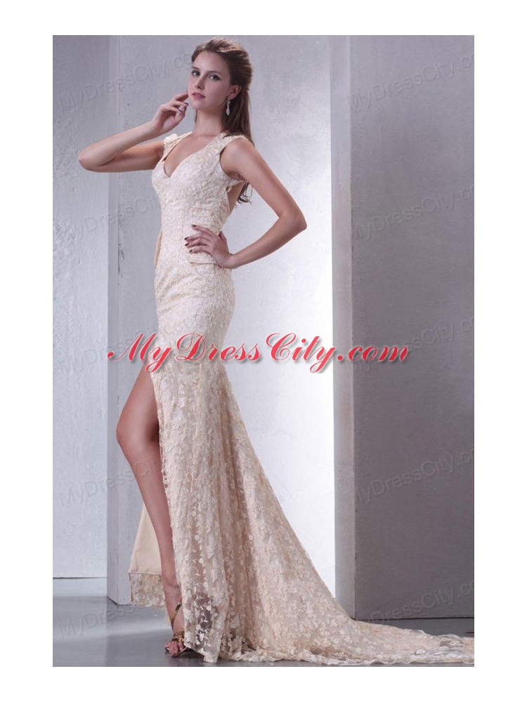 Champagne Column V-Neck Brush Train Short Sleeves Lace Wedding Dress with Lace Up
