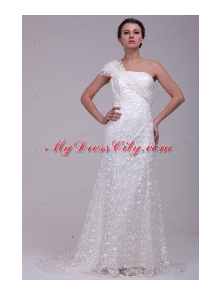 Column One Shoulder Lace Floor-length Paillette Wedding Dress with Side Zipper