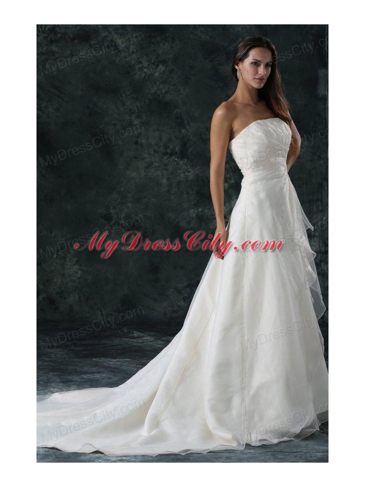 Elegant A-Line Ruching Organza Wedding Dress with Court Train