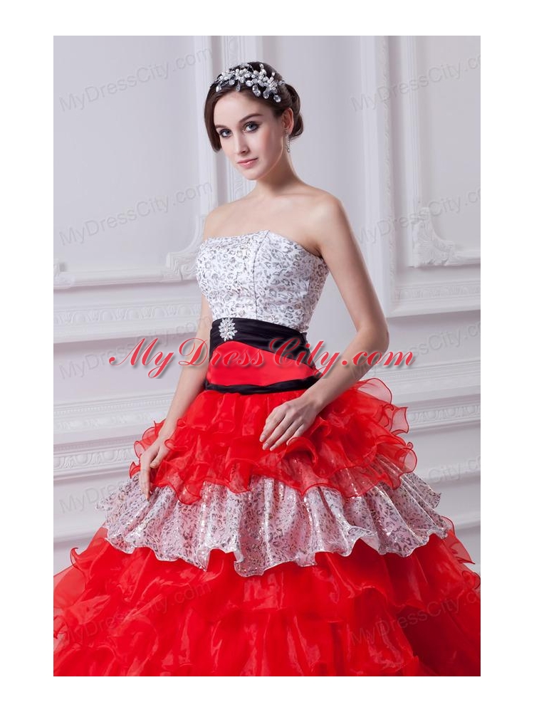 Elegant Princess Strapless Beading Ruflled Layers Red Quinceanera Dress in 2014
