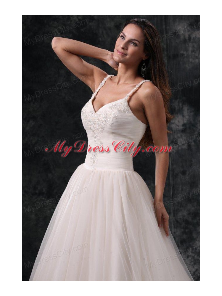 Fashionable A-Line Straps Appliques Tulle Wedding Dress in Champagne