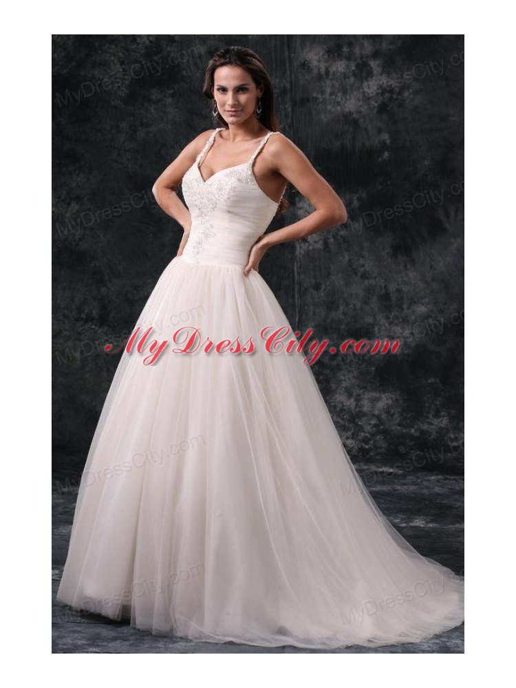 Fashionable A-Line Straps Appliques Tulle Wedding Dress in Champagne