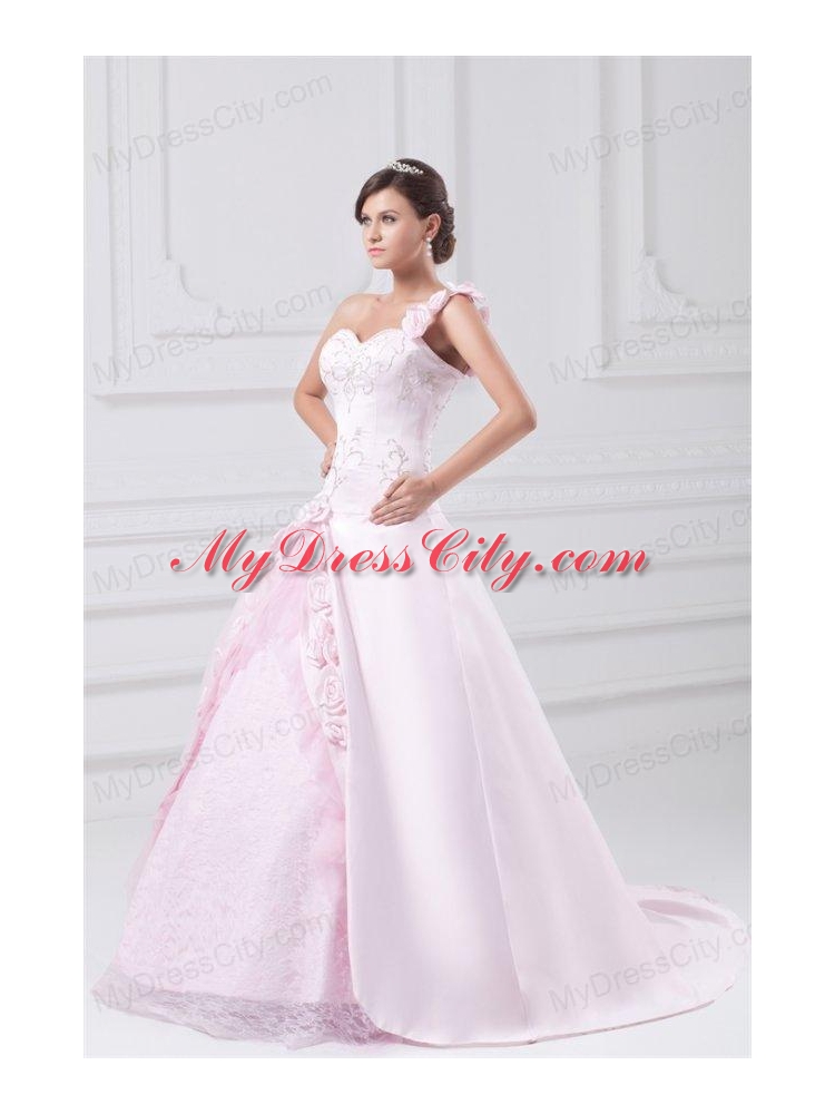 Flowers One Shoulder Baby Pink Wedding Dress with Embroidery