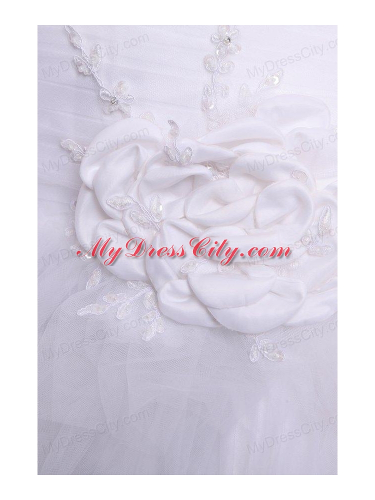 One Shoulder Appliques and Hand Made Flowers Tulle Wedding Dress