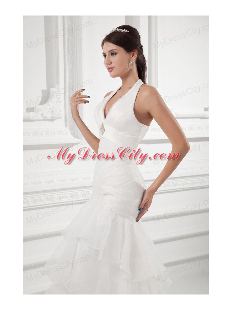 Pretty Mermaid Halter Top Wedding Dress with Beading and Layers
