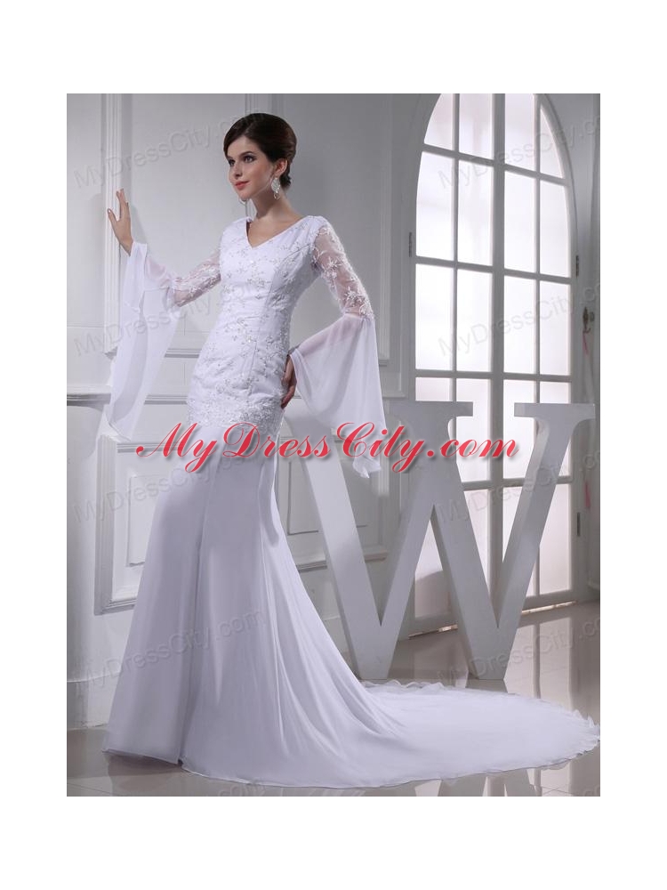 Cheap Column V-neck Lace Chiffon Wedding Dress With Long Sleeves