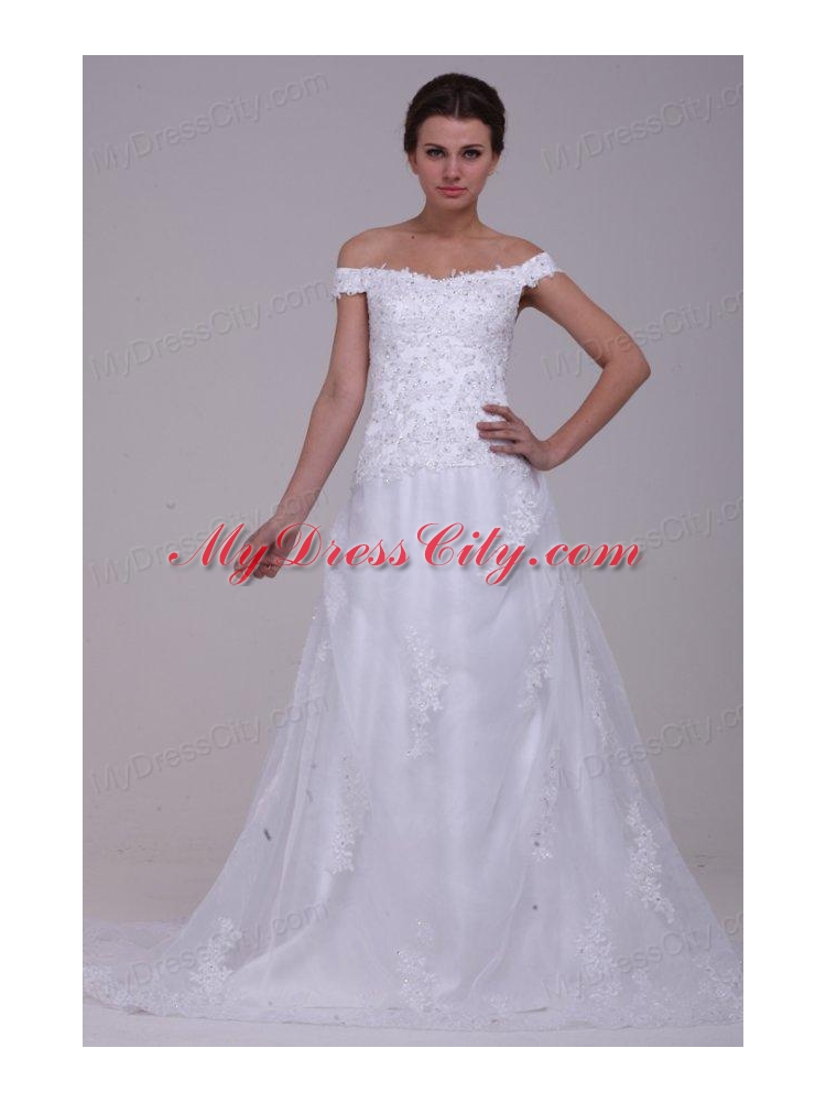 Elegant Column Off The Shoulder Appliques Organza 2014 Wedding Dress