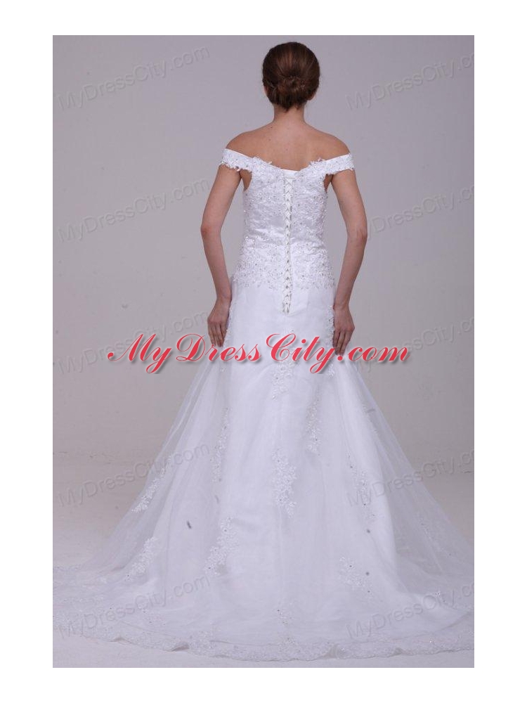 Elegant Column Off The Shoulder Appliques Organza 2014 Wedding Dress