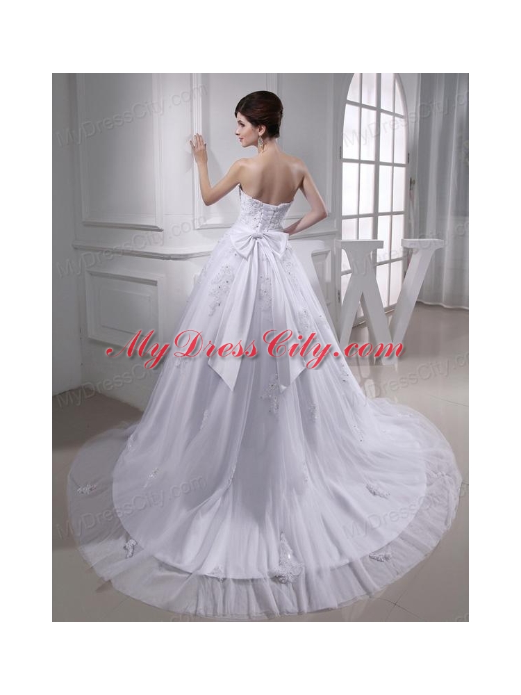 Exquisite A-line Beading and Appliques Chapel Train Wedding Dress with Strapless