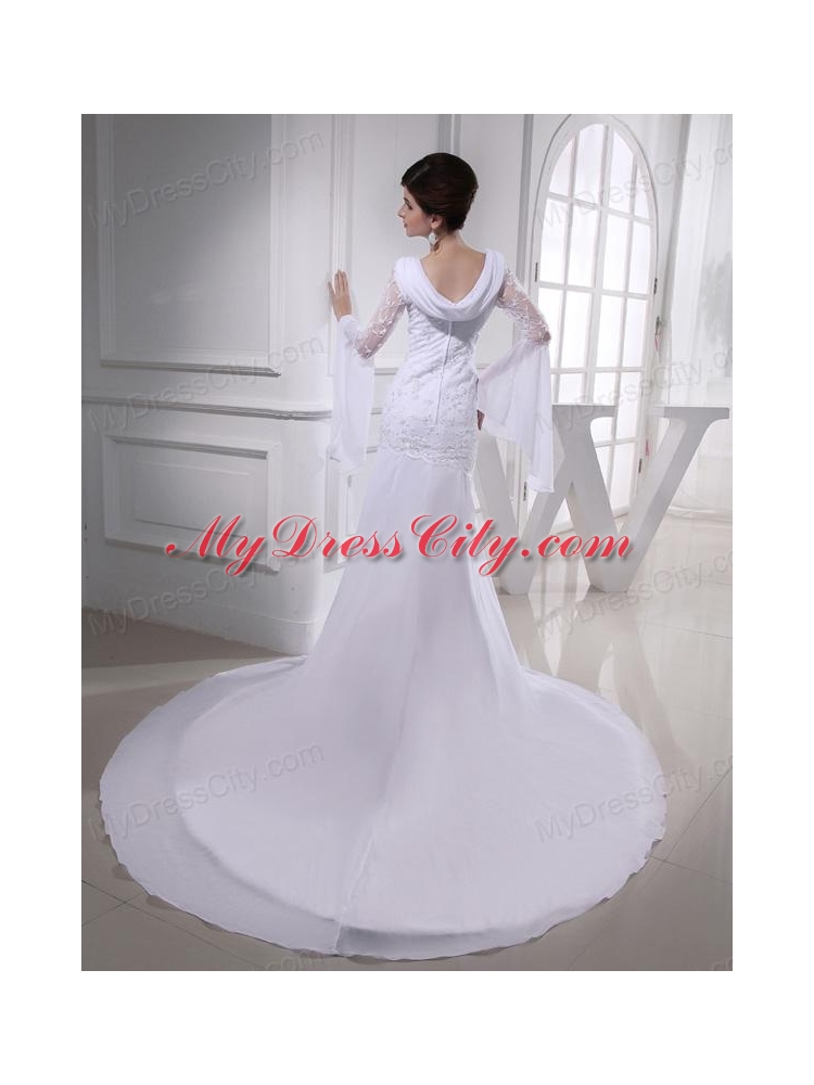 Exquisite A-line Beading and Appliques Chapel Train Wedding Dress with Strapless
