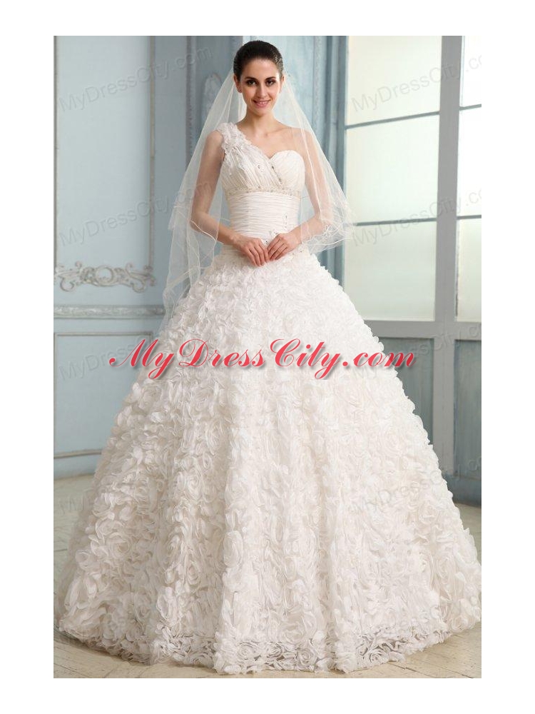 One Shoulder A-line Brush Train Wedding Dress with Beading and Ruffles