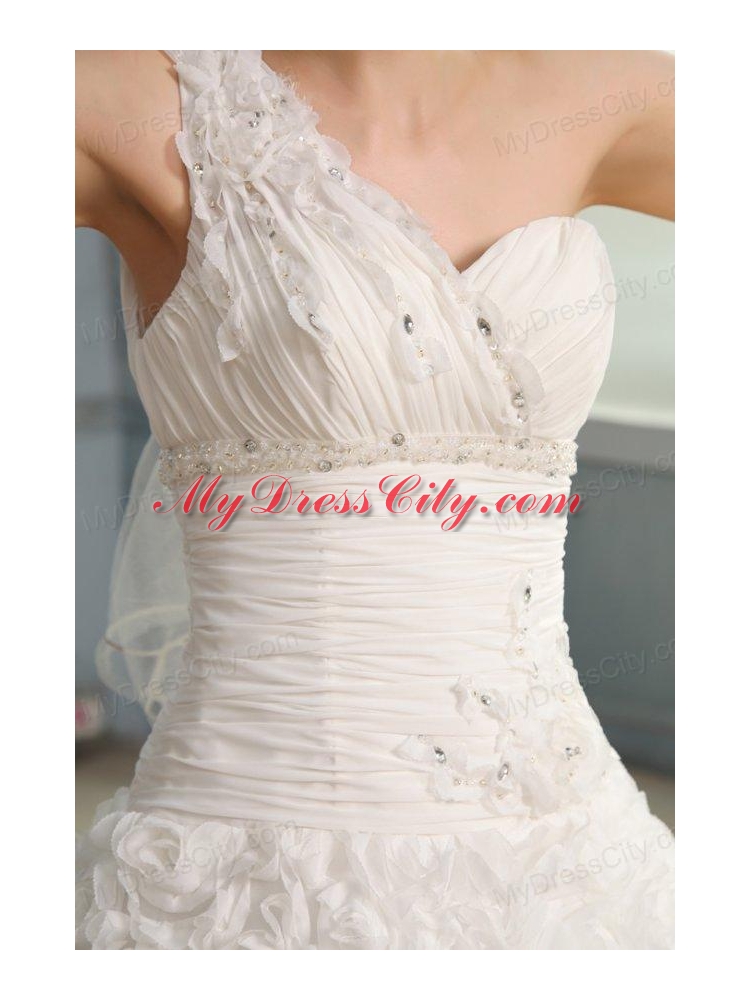 One Shoulder A-line Brush Train Wedding Dress with Beading and Ruffles