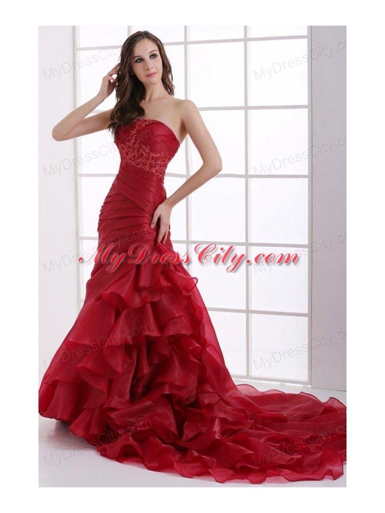 Wine Red Court Train Wedding Dress with Appliques and Ruffles