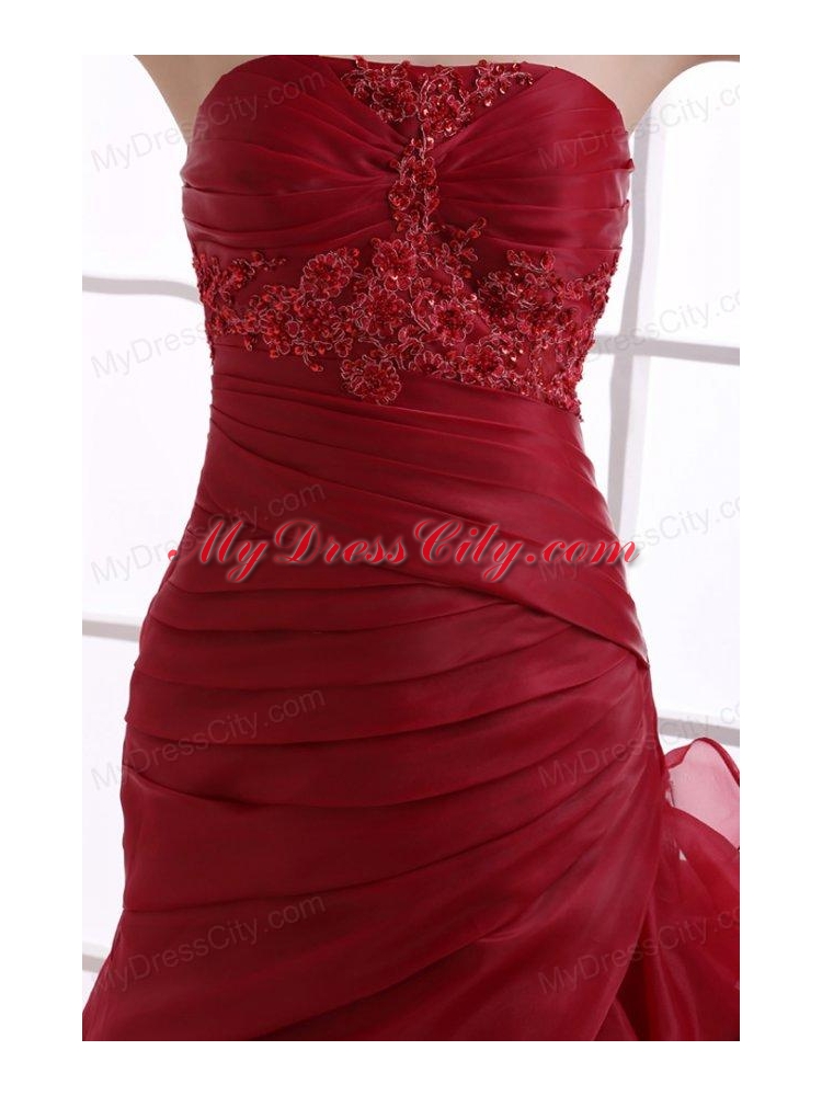 Wine Red Court Train Wedding Dress with Appliques and Ruffles