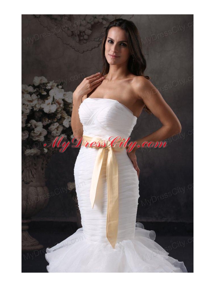 Luxurious Mermaid Strapless Ruching and Sash Court Train Organza Wedding Dress