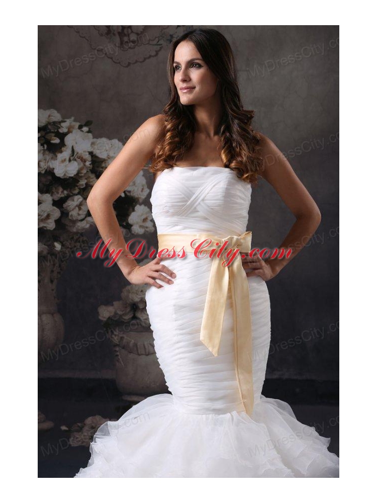 Luxurious Mermaid Strapless Ruching and Sash Court Train Organza Wedding Dress