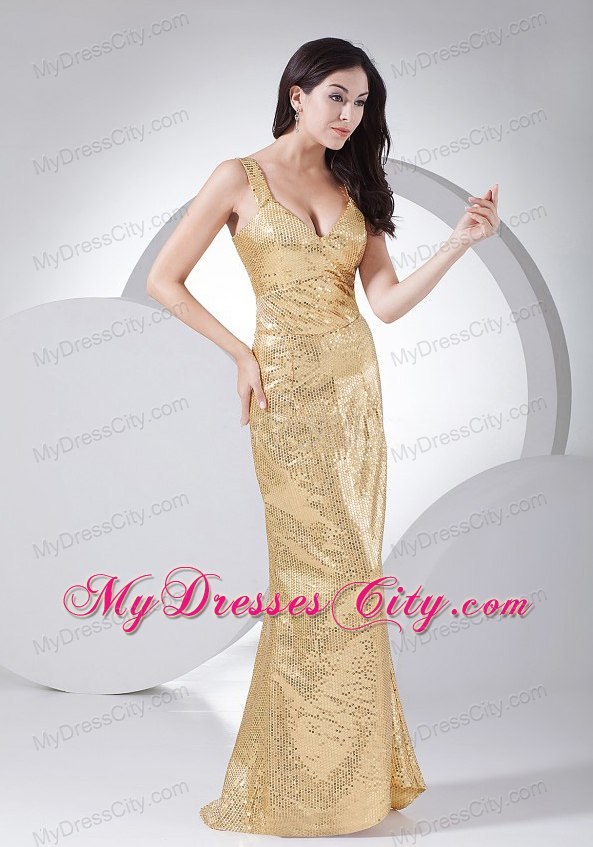 Luxurious Paillette V-neck Column Gold 2013 Cheap Evening Party Dresses