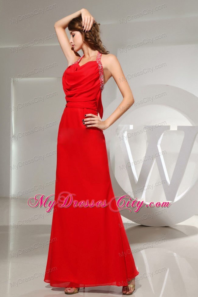 Ankle-length Halter Beaded Mermaid Wine Red Evening Party Dresses for Cheap