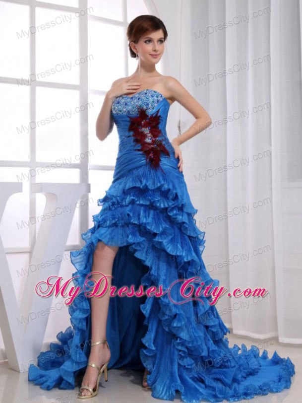 Organza Ruffled Layers Feather Beaded 2013 High-low Prom Evening Dresses