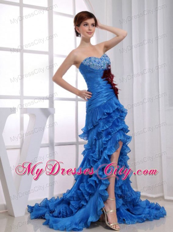 Organza Ruffled Layers Feather Beaded 2013 High-low Prom Evening Dresses