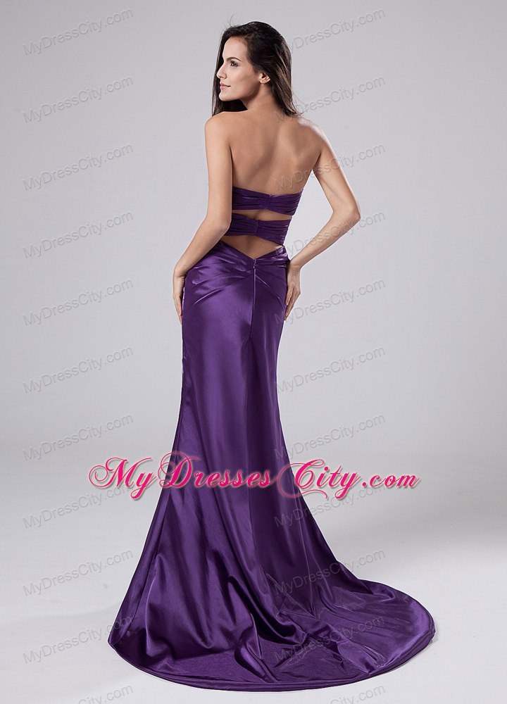 High Slit Black Appliques with Beading for Purple Evening Dress with Cutout Back