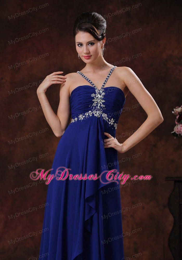 Beaded Straps V-neck Chiffon Royal Blue Evening Party Dress for Cheap